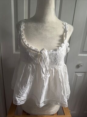White Lace-Trim Cotton Babydoll Tank Top